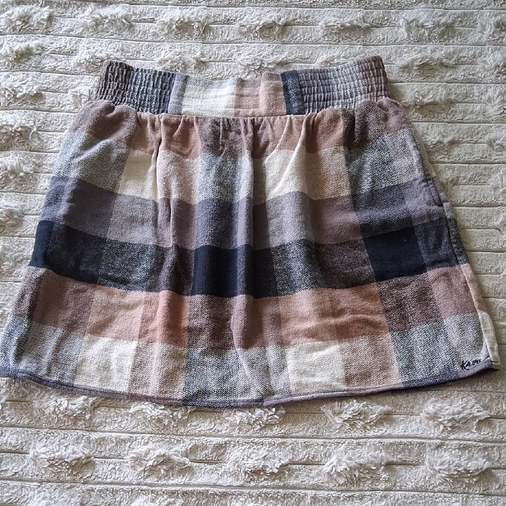 Kavu Blue Tan Bubble Mini Skirt Smocked Casual